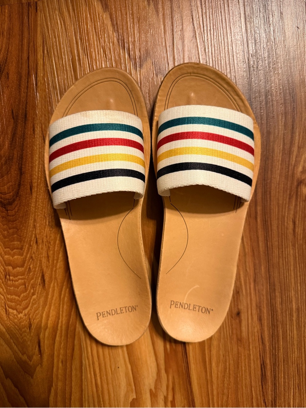 Pendleton Leather Slide Sandals with Striped Canvas Strap